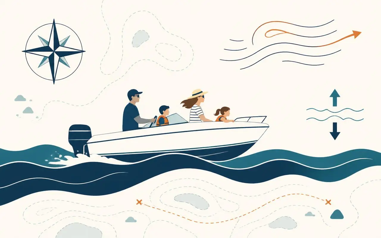 Illustrazione di una famiglia in barca sulle onde con rosa dei venti, frecce di marea e linee di vento
